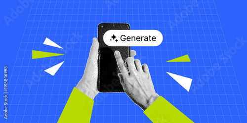 Trendy Artificial intelligence banner with human hand using smartphone and Generate button in retro halftone collage style. Contemporary AI vector illustration art