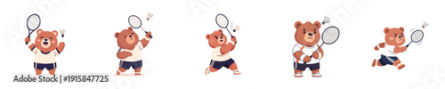 Cute Bear Badminton Player Flat Design Vector Illustration Set