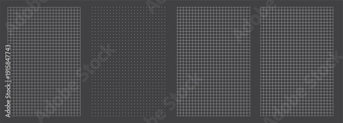 Technical blueprint grid pack on dark grey background. Four coordinated patterns support engineering drawings, planning pages, notebook covers and abstract technology visuals for print and screen.