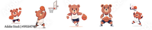 Cute Bear Basketball Players Flat Design Sport Action Vector Set