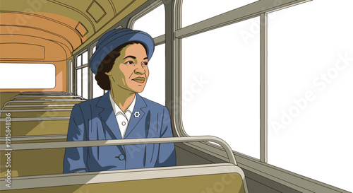 Woman Wearing Blue Uniform on Bus.
