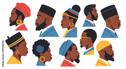 Diverse Male Profiles with Headwear and Jewelry.