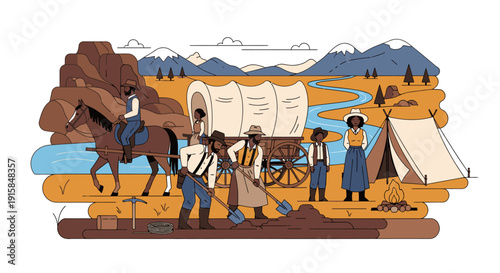 Pioneers Traveling in Covered Wagon Train.