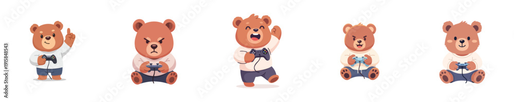 Obraz premium Cute Bear Gaming Characters Flat Design Video Game Player Vector Set