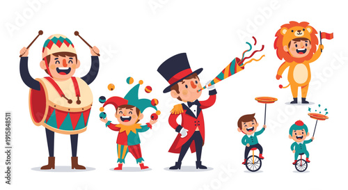 Colorful Cartoon Clowns and Circus Characters.