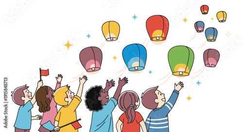 Children Releasing Colorful Balloons into the Air.