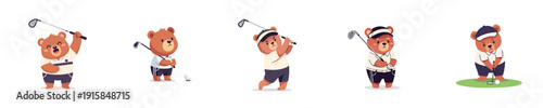 Cute Bear Golf Players Flat Design Sport Action Vector Set