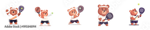 Cute Bear Tennis Players Flat Design Sport Action Vector Set