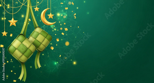 Green gradient, mandala pattern, bokeh lights, gold confetti.