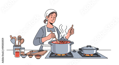 Woman Cooking with Pot on Stove.