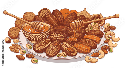 Assorted Nuts and Honey in Bowl.