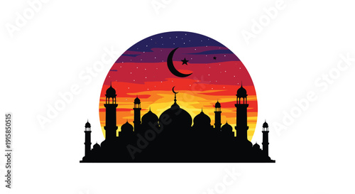 Silhouette of Mosque with Crescent Moon.