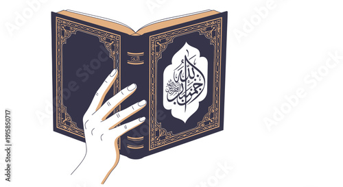 Hand holding open Islamic holy book.