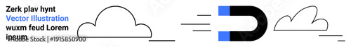 Physics, attraction, force, magnetism, education, science. Black and blue magnet attracting lines and clouds in motion. Physics and attraction illustrated through dynamic movement