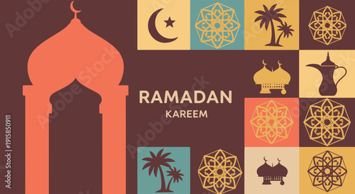 Ramadan Kareem Greeting with Traditional Mosque Silhouette and Islamic Cultural Symbols in a Grid Layout