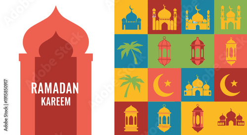 Vibrant Flat Design Islamic Holy Month Concept Featuring Stylized Mosque Arch Crescent Moons Lanterns and Various Cultural Elements