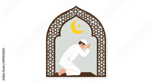 Muslim Man in Devotion Kneeling for Prayer Performing Salat Within an Arched Frame with Geometric Patterns and Crescent Moon