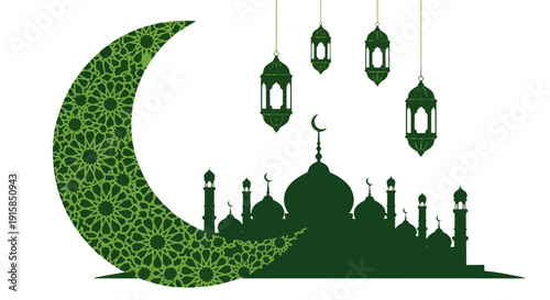 Mosque Silhouette with Hanging Ramadan Lanterns and a Crescent Moon Featuring a Beautiful Geometric Pattern