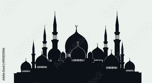 Elegant Mosque Silhouette Featuring Multiple Domes and Tall Minarets Adorned with Crescent Moon Finials Symbolizing Islamic Architecture and Faith
