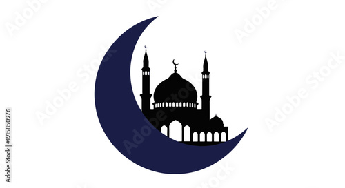 Minimalist Design of a Serene Mosque Silhouette with Bright Windows Framed by a Dark Blue Crescent Moon During Nighttime