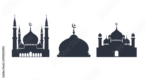 Stylized Mosque Silhouettes with Domes and Minarets Representing Islamic Architecture and Prayer Buildings