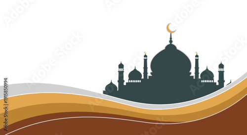 Stylized Mosque Building Outline with a Crescent Moon Domes and Minarets over Abstract Curved Earth tone Lines