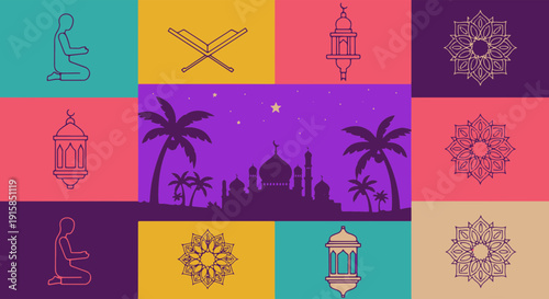 Islamic Religious and Cultural Symbols Mosque Lanterns Praying People Holy Book Mandalas