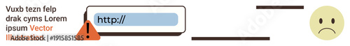 Online safety, cybersecurity risks, digital awareness, internet issues, user error, consequences. A warning icon with a URL field and a sad face symbol. Online safety and cybersecurity risks concept