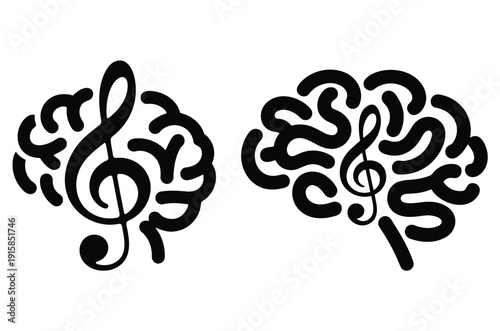 Brain network with neural lines linking to music symbol, expressing sound driven cognition and neural activity, ideal for neuroscience, wellness, education content