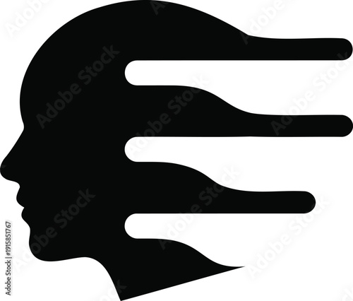 Human brain profile silhouette with smooth sound waves flowing outward, symbolizing cognitive stimulation and therapeutic audio, perfect for neuroscience, therapy and wellness visuals