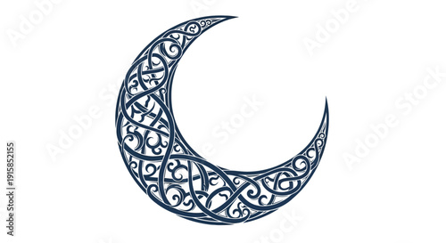 Crescent moon with intricate designs and patterns, isolated on a clean background, viewed from a straightforward angle.