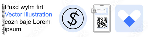 Digital payments, finance, security, online apps, financial tech, QR code scanning. Dollar symbol, QR code on a device app interface with a heart. Digital payments and finance concept