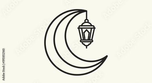 Crescent moon with hanging lantern illustration, serene night sky scene, minimalist design, simple, elegance