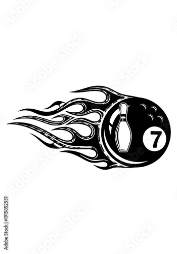 A bowling ball with number 7 on fire rolling down the lane, a dynamic illustration