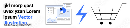 E-commerce, online shopping, data analytics, sales performance, digital transactions, retail marketing. Analytics dashboard, lightning bolt and shopping cart visuals. E-commerce and data analytics