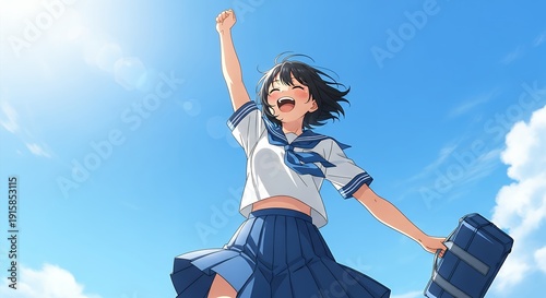 Anime girl in school uniform jumping with joy and holding a barrel.
