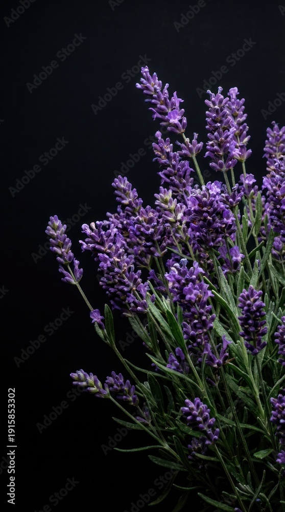 Fototapeta premium Lush purple lavender sprigs against a black background
