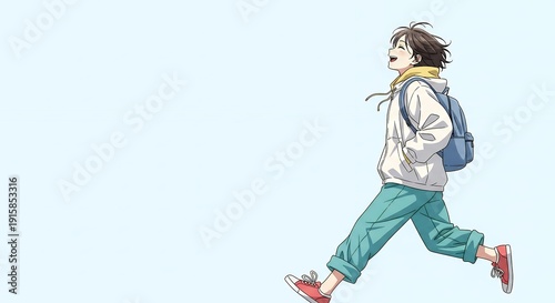 Young girl running with a backpack on her back.