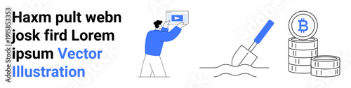 Man holding a digital video, a shovel digging into the ground, and stacked cryptocurrency coins. Ideal for content creation, video marketing, digital currency, blockchain, finance, investment tips