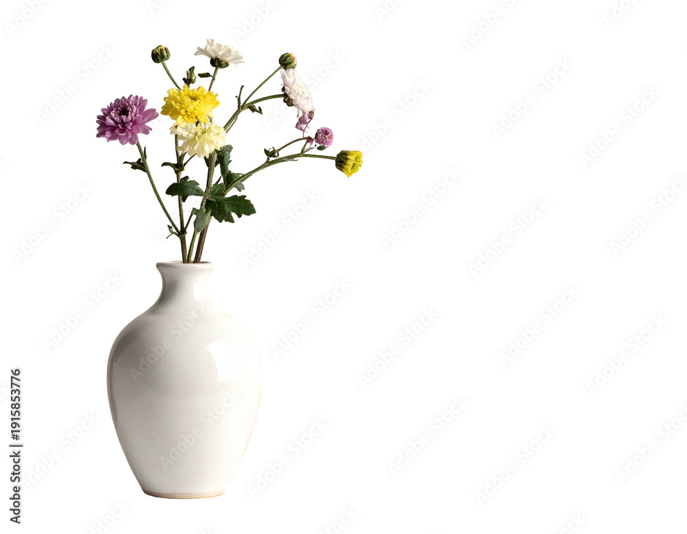 Naklejka premium Simple white vase holds colorful blossoms