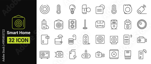 Smart home icon set with technology, including security cameras and a thermometer