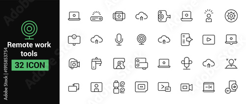 Collection of 32 remote work icon sets. black line for  tools, technology, and communication