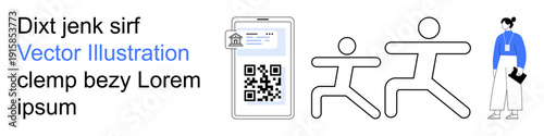 Digital identity, authentication, security protocols, QR identification, activity, documentation process. QR code with ID badge, people figures and a character with a clipboard. Digital identity