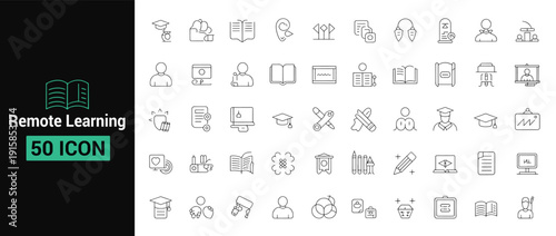 Collection of fifty simple lines for a  remote learning icon set and online learning e-learning