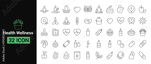 Health wellness icon set, yoga meditation, heart health, and medical symbols