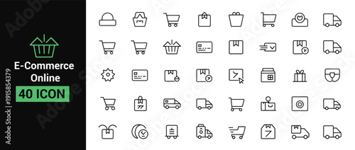 E-Commerce Online icon set with shopping, delivery, payment, and shipping, including a shopping cart, shopping bag, and gift box