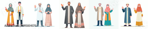 vector of muslim couple waving their hands welcoming ramadan