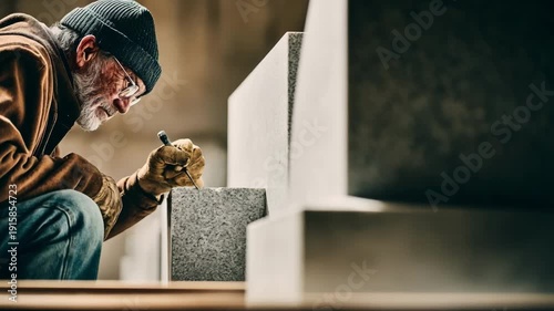 Medium shot of a craftsman carefully engraving a heartfelt epitaph on a granite headstone capturing the delicate artistry of memorial personalization