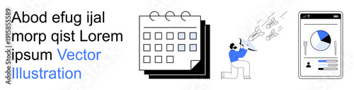 Business operations, project management, data analysis, scheduling, teamwork, mobile apps. A calendar, a person working and a mobile app interface. Business operations and project management concept