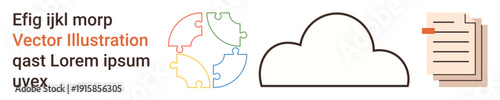 Data storage, teamwork, organization, collaboration, cloud computing, information sharing. A cloud shape, puzzle elements and a document icon. Cloud computing and data sharing concept